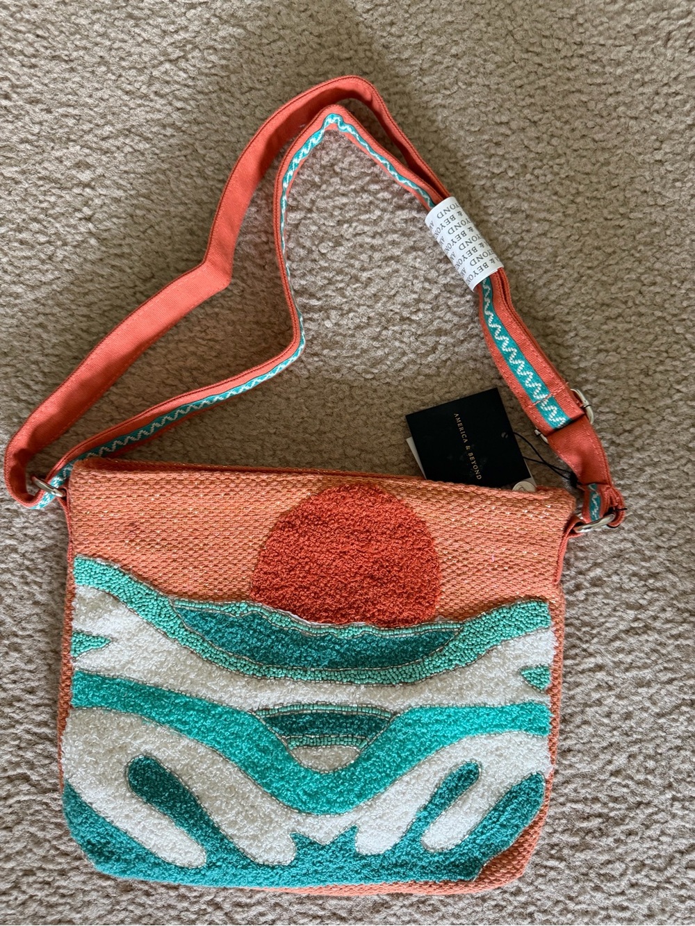Coral Beaded Sunset Shoulder Bag with Turquoise Wave Accents